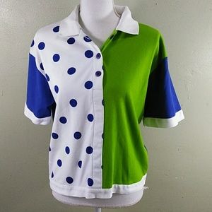 Vintage Pronto Gold 100% Cotton Color Block Top with Dots - L - NWT